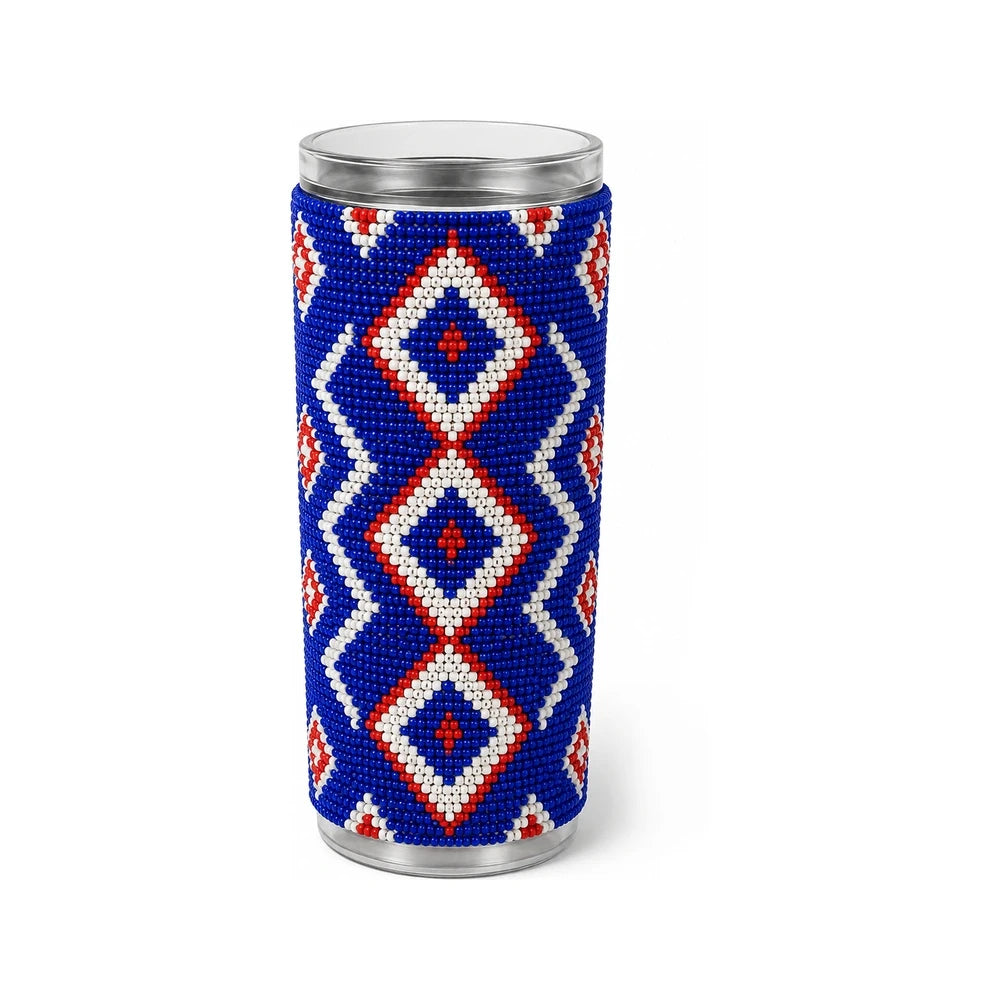 Beaded Tumbler – Blue/White/Red (Handcrafted)
