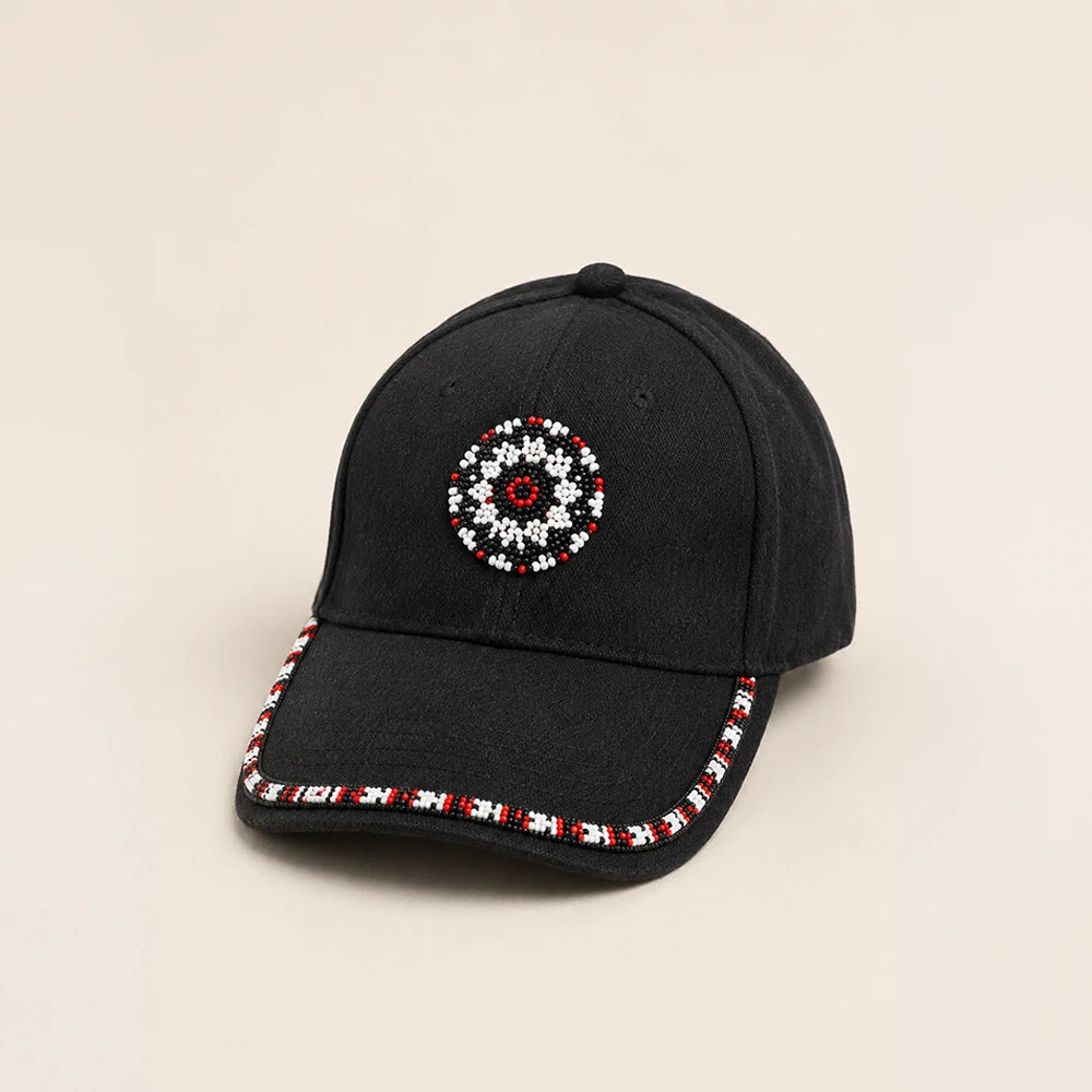 Beaded Cap – Black/White/Red (Handcrafted)