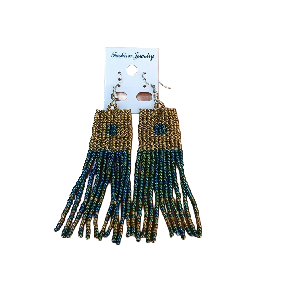 Fringe Earrings – Gold/Green/Blue (Handcrafted)