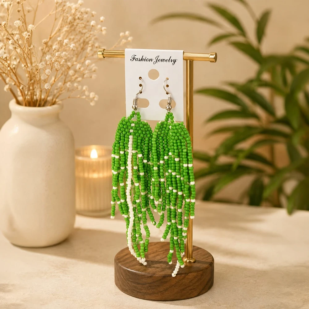 Fringe Earrings – Green/White (Handcrafted)
