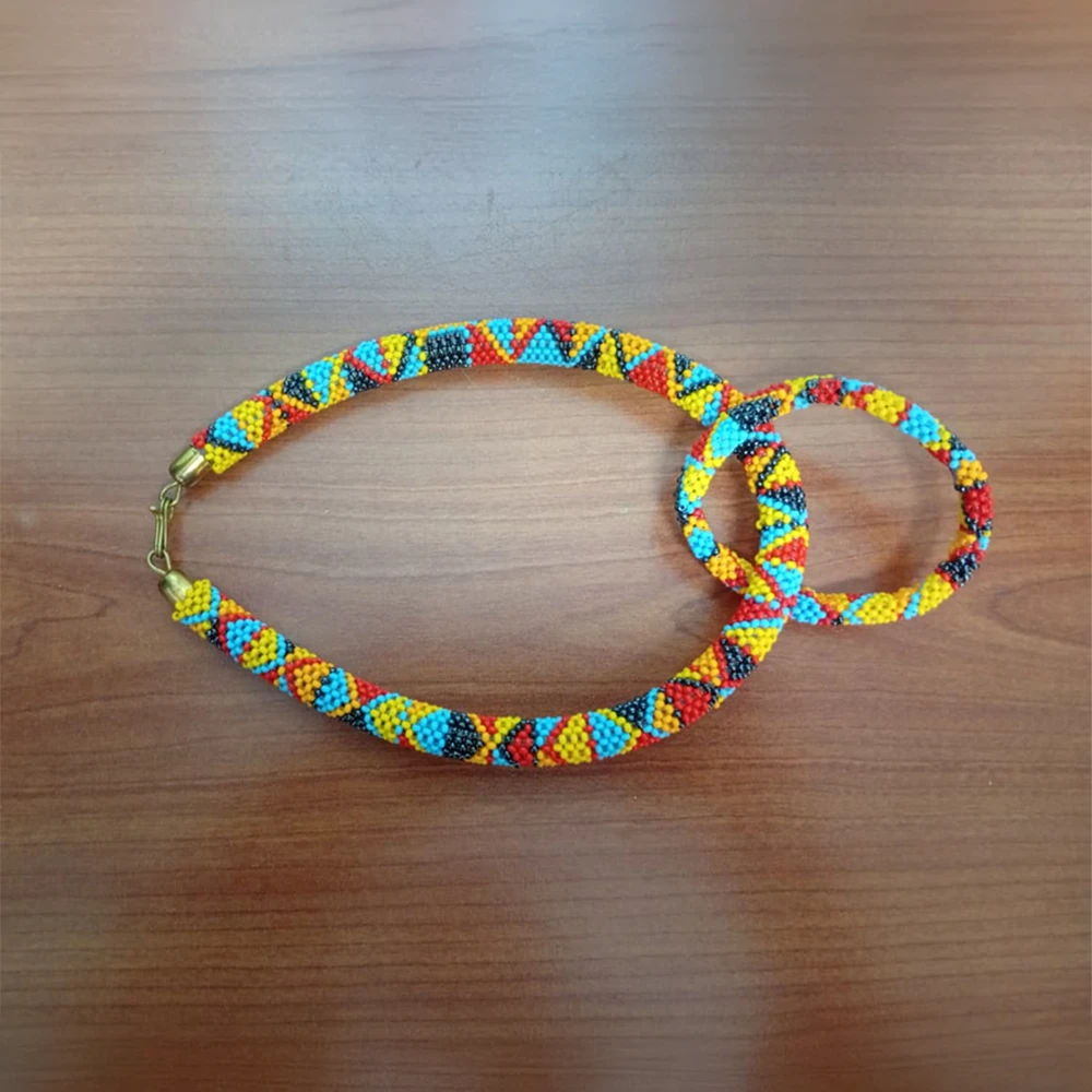 Geometric Necklace & Bracelet Set – Yellow Multicoloured (Handcrafted)