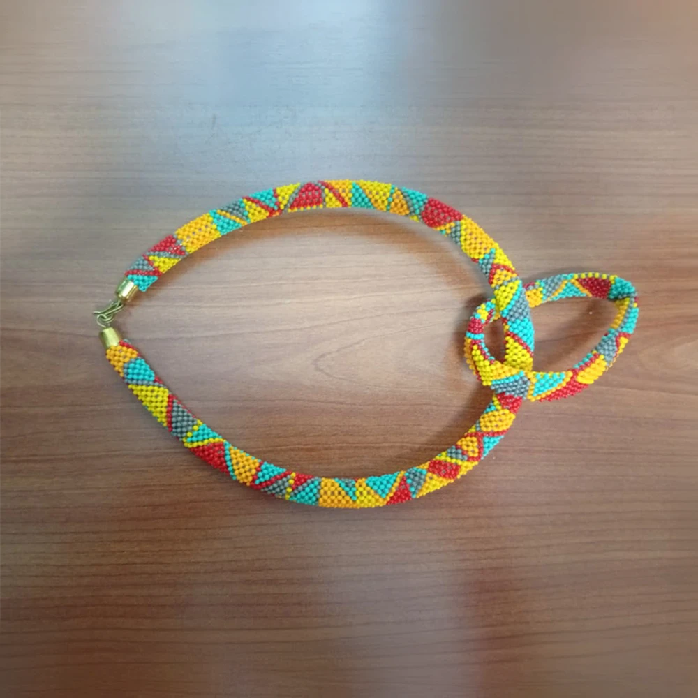 Geometric Necklace & Bracelet Set – Yellow Red & Blue (Handcrafted)
