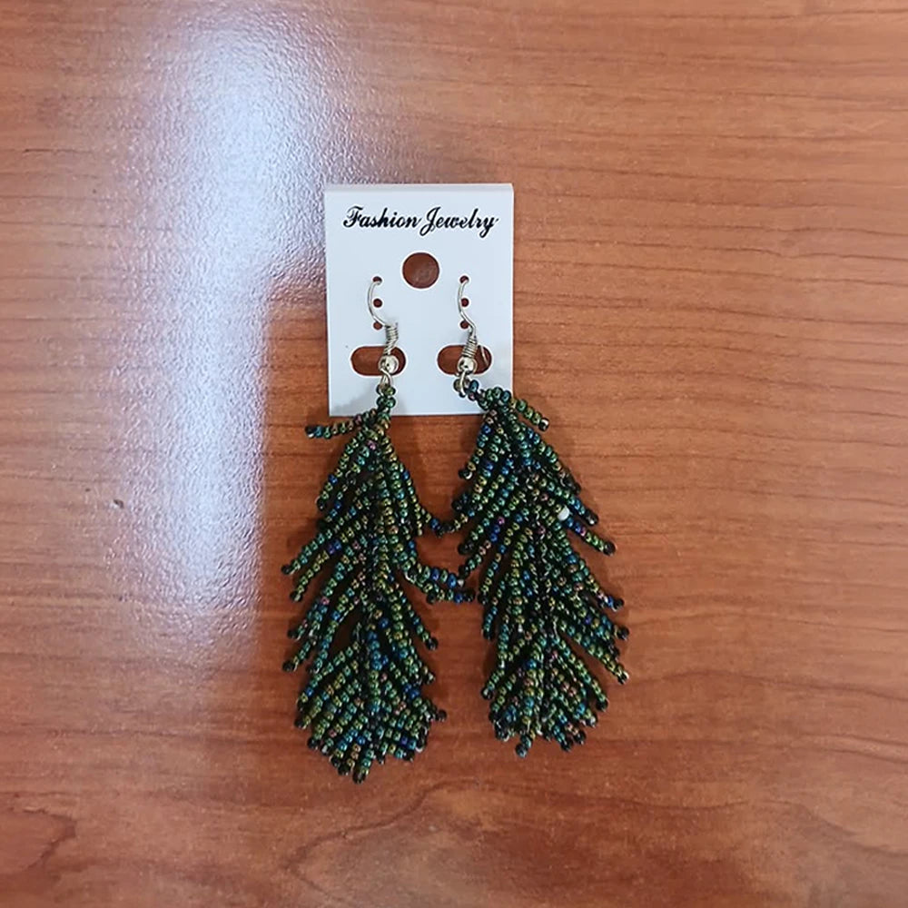Leaf Fringe Earrings – Green/Black (Handcrafted)