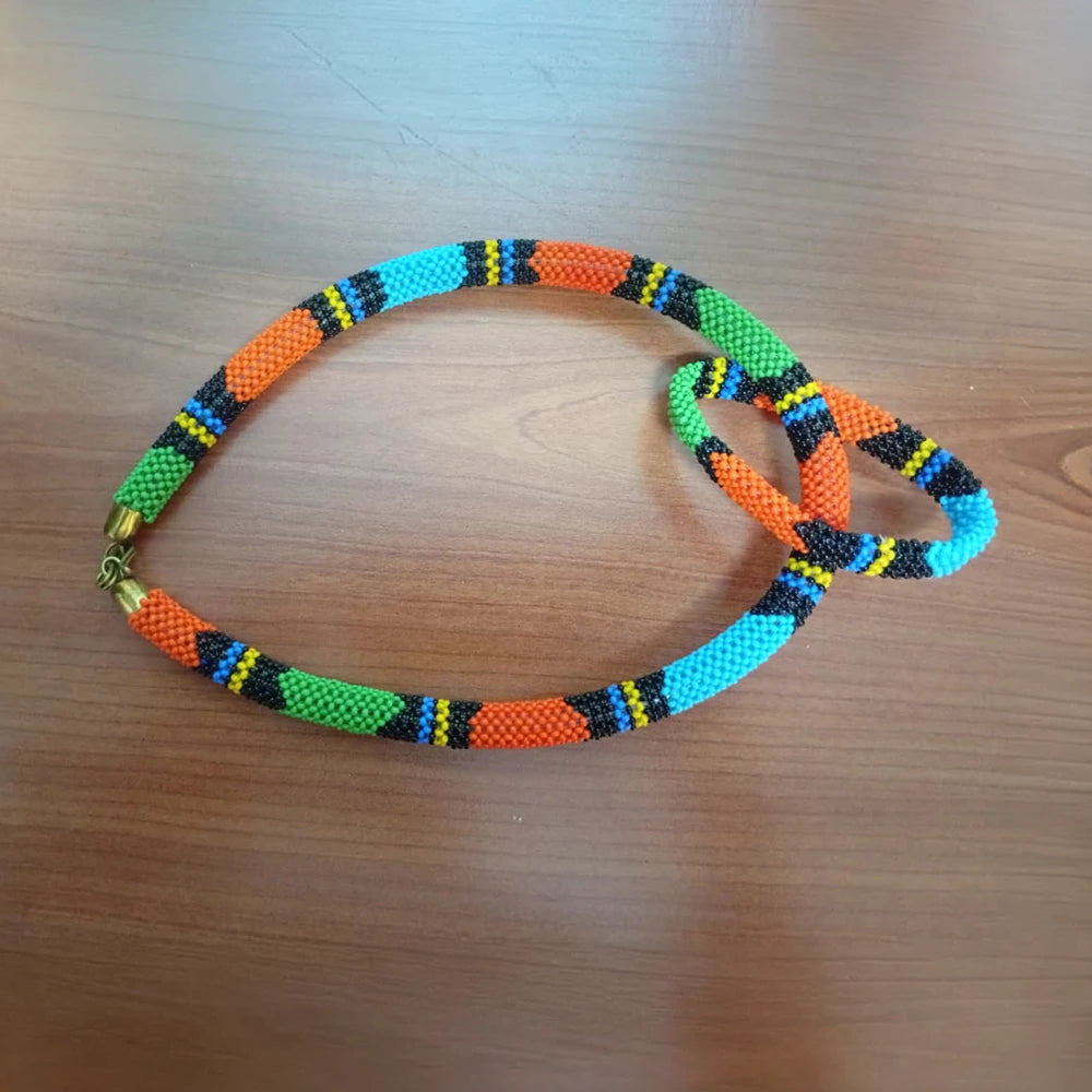 Necklace & Bracelet Set – Orange, Blue & Green (Handcrafted)