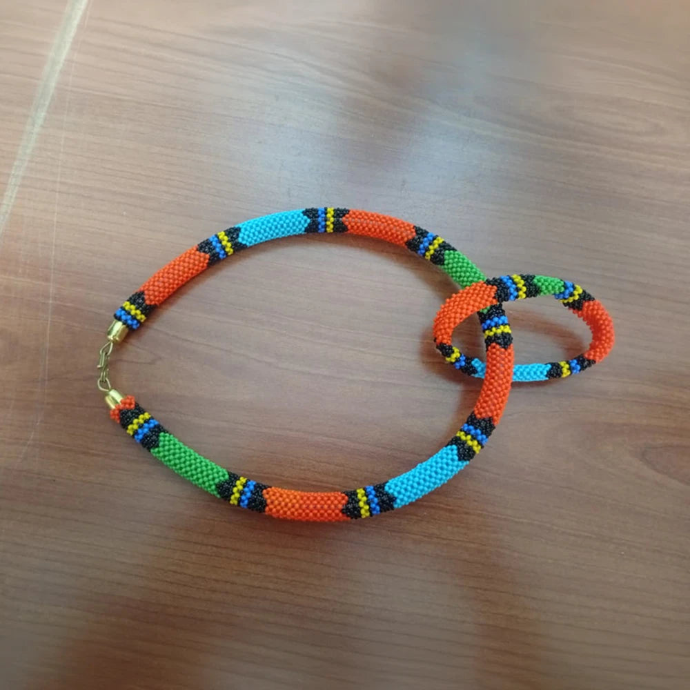 Necklace & Bracelet Set – Orange, Turquoise & Green (Handcrafted)